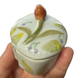 Andrea by Sadek Oval Porcelain Trinket Box Pink Tulip Green Leaves 2.75 inches
